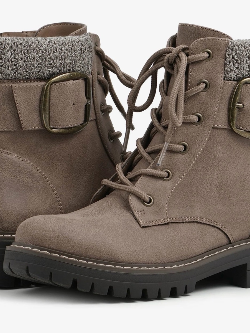 White Mountain Taupe Lace-Up Combat Boots with Knit Cuff and Buckle